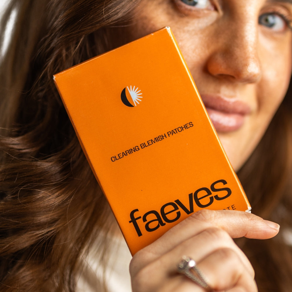 Hydrocolloid acne patches from Faeves, shown in packaging, offering effective blemish treatment with best acne patch results