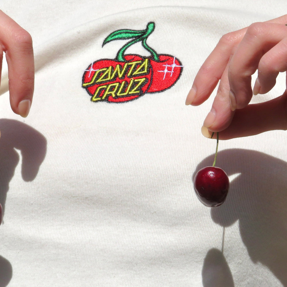 Shop All Products page banner featuring a close-up of a person holding cherries, with a Santa Cruz logo on their shirt, capturing the playful and vibrant essence of Faeves.